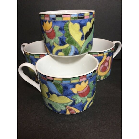 Set 4 Fantasia Cups Mosaic Stoneware PTS Int’l Interiors Teacup Blue Pink Floral - Picture 2 of 5